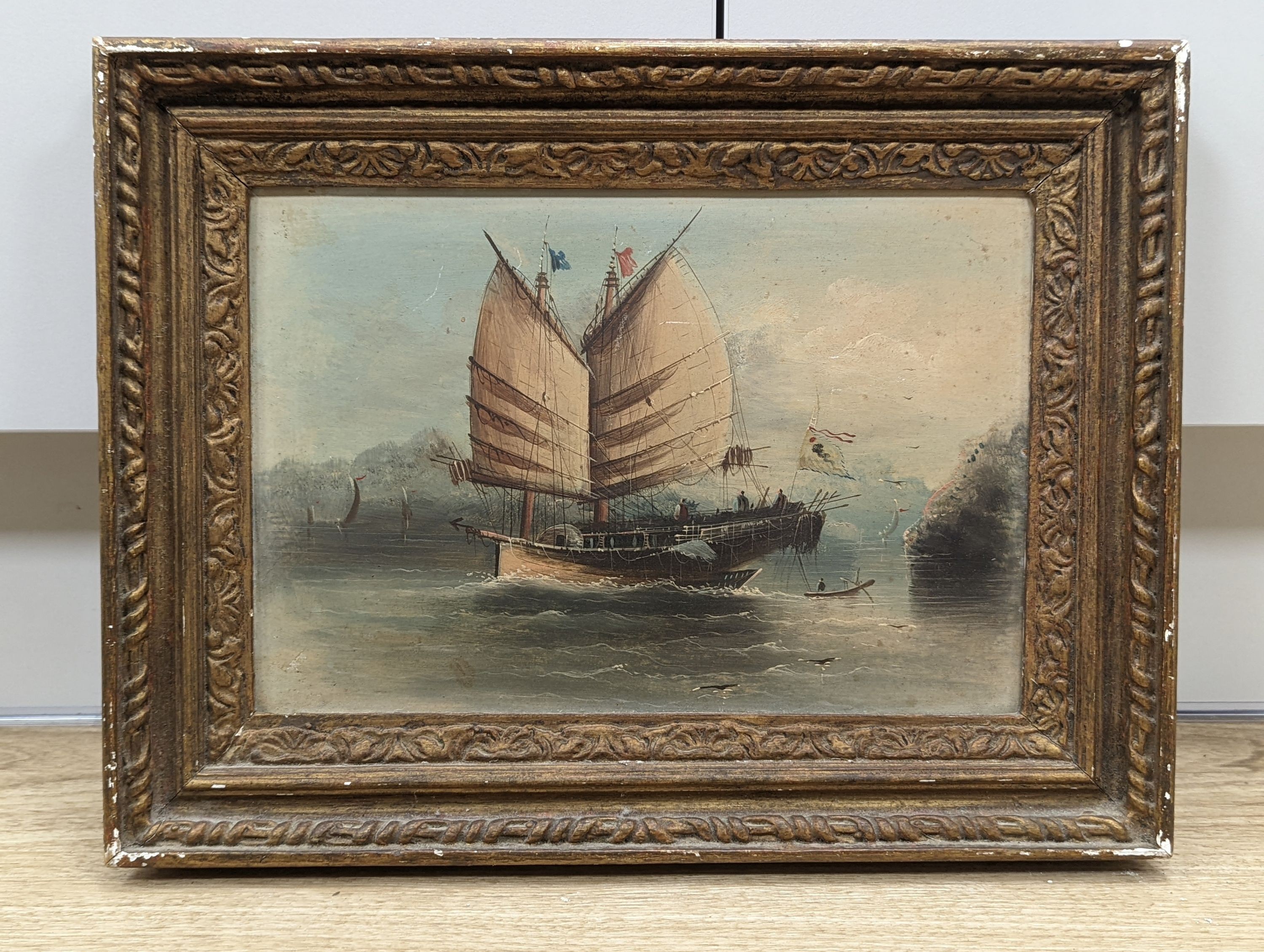 19th century Chinese school, oil on board, Junks at sea, 19 x 28cm
